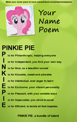 Size: 400x634 | Tagged: safe, artist:worldofcaitlyn, character:pinkie pie, species:earth pony, species:pony, g4, acronym, cute, diapinkes, female, name poem, smiling, solo, wholesome