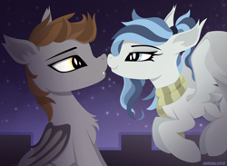 Size: 1632x1192 | Tagged: safe, artist:andaluce, oc, oc only, oc:devin, oc:haze northfleet, species:bat pony, species:pegasus, species:pony, g4, boop, clothing, cute, female, flying, looking at each other, male, night, night sky, oc x oc, scarf, shipping, sky, straight