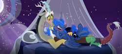 Size: 1992x886 | Tagged: safe, artist:elementalokami, character:discord, character:princess luna, species:alicorn, species:draconequus, species:pony, ship:lunacord, g4, bedroom eyes, blushing, female, luna's room, male, moon, night, shipping, straight