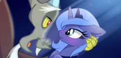 Size: 742x359 | Tagged: safe, artist:elementalokami, character:discord, character:princess luna, species:alicorn, species:pony, ship:lunacord, g4, blushing, female, looking at each other, male, s1 luna, shipping, straight