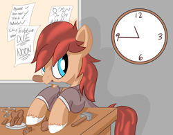 Size: 1920x1500 | Tagged: safe, artist:notadeliciouspotato, oc, oc only, oc:cottonwood kindle, species:earth pony, species:pony, newbie artist training grounds, g4, atg 2020, chisel, clock, figurine, gift art, male, mouth hold, smiling, solo, stallion, table