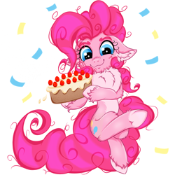 Size: 2500x2500 | Tagged: safe, artist:rurihal, character:pinkie pie, species:earth pony, species:pony, g4, cake, chest fluff, ear fluff, female, food, hoof fluff, mare, pale belly