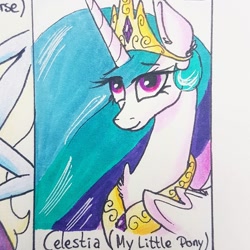 Size: 1080x1080 | Tagged: safe, alternate version, artist:galaxy.in.mind, character:princess celestia, species:alicorn, species:pony, g4, bust, cropped, female, jewelry, mare, offscreen character, peytral, smiling, tiara, traditional art