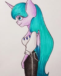Size: 817x1022 | Tagged: safe, artist:galaxy.in.mind, oc, oc only, species:anthro, species:pony, species:unicorn, g4, clothing, female, horn, pants, solo, traditional art, unicorn oc