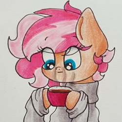 Size: 1080x1080 | Tagged: safe, artist:galaxy.in.mind, oc, oc only, species:earth pony, species:pony, g4, bust, chocolate, clothing, earth pony oc, eyelashes, female, food, hoof hold, hot chocolate, mug, solo, traditional art