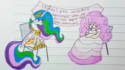 Size: 1080x608 | Tagged: safe, artist:galaxy.in.mind, character:princess celestia, species:alicorn, species:human, species:pony, g4, banner, crossover, female, hoof shoes, jewelry, lined paper, mare, peytral, rose quartz (steven universe), sitting, solo, steven universe, tiara, traditional art