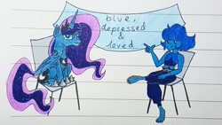 Size: 1037x584 | Tagged: safe, artist:galaxy.in.mind, character:princess luna, species:alicorn, species:pony, g4, banner, chair, crossover, female, hoof shoes, jewelry, lapis lazuli (steven universe), lined paper, mare, peytral, sitting, solo, steven universe, tiara, traditional art