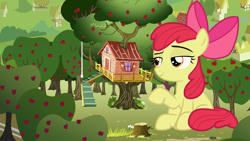 Size: 3840x2160 | Tagged: safe, artist:dipi11, artist:sollace, edit, editor:jaredking203, character:apple bloom, species:earth pony, species:pony, g4, apple, apple bloom's bow, apple tree, bow, clubhouse, crusaders clubhouse, female, filly, giant pony, giant/macro earth pony, giantess, hair bow, macro, raised hoof, sitting, solo, tree, tree stump