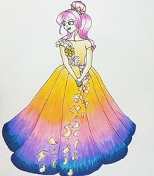 Size: 775x883 | Tagged: safe, artist:galaxy.in.mind, character:princess celestia, species:human, g4, clothing, dress, female, gown, humanized, long dress, pink-mane celestia, solo, traditional art