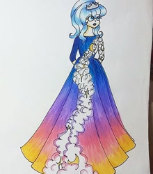 Size: 749x853 | Tagged: safe, artist:galaxy.in.mind, character:princess luna, species:human, g4, arm behind back, clothing, dress, female, gown, humanized, jewelry, long dress, solo, tiara, traditional art