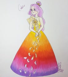 Size: 936x1066 | Tagged: safe, artist:galaxy.in.mind, character:princess celestia, species:human, g4, clothing, dress, female, flower, gown, humanized, long dress, pink-mane celestia, redraw, signature, smiling, solo, traditional art