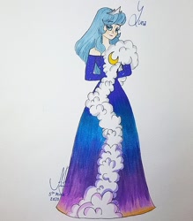 Size: 948x1080 | Tagged: safe, artist:galaxy.in.mind, character:princess luna, species:human, g4, arm behind back, clothing, dress, female, gown, humanized, jewelry, long dress, redraw, signature, solo, tiara, traditional art