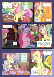 Size: 2893x4092 | Tagged: safe, artist:mustachedbain, character:discord, character:fluttershy, character:pinkie pie, character:twilight sparkle, character:twilight sparkle (alicorn), character:zephyr breeze, oc, oc:august, oc:ixion, oc:rex, species:alicorn, species:dragon, species:pony, comic:my dragon children, g4, adopted offspring, fire