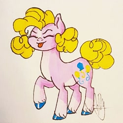 Size: 770x769 | Tagged: safe, artist:galaxy.in.mind, character:pinkie pie, species:earth pony, species:pony, g4, eyes closed, female, hoof polish, mare, raised hoof, redesign, signature, tongue out, traditional art