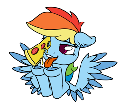 Size: 1200x1089 | Tagged: safe, artist:dacaoo, character:rainbow dash, species:pegasus, species:pony, g4, female, floppy ears, food, mare, pizza, prize on the eyes, simple background, solo, spread wings, that pony sure does love pizza, tongue out, underhoof, white background, wings