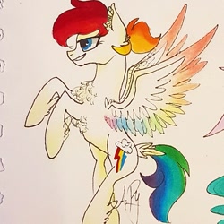 Size: 799x799 | Tagged: safe, artist:galaxy.in.mind, character:rainbow dash, species:pegasus, species:pony, g4, chest fluff, female, mare, rearing, redesign, solo, traditional art