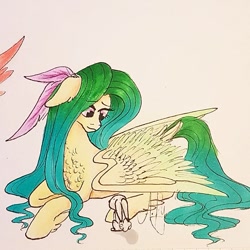 Size: 851x851 | Tagged: safe, artist:galaxy.in.mind, character:fluttershy, species:pegasus, species:pony, species:rabbit, g4, animal, female, lying down, mare, prone, redesign, solo, traditional art