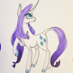 Size: 1041x1040 | Tagged: safe, artist:galaxy.in.mind, character:rarity, species:pony, species:unicorn, g4, colored hooves, curved horn, female, horn, leonine tail, looking back, looking up, mare, redesign, solo, traditional art