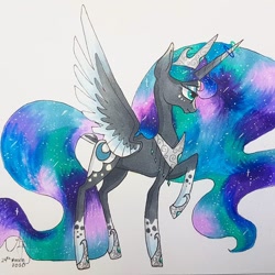 Size: 1080x1080 | Tagged: safe, artist:galaxy.in.mind, character:princess luna, species:alicorn, species:pony, g4, ethereal mane, female, galaxy mane, hoof shoes, jewelry, mare, peytral, raised hoof, redesign, solo, tiara, traditional art, two toned wings, wings