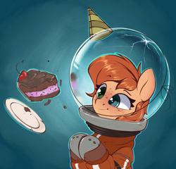 Size: 960x921 | Tagged: safe, artist:rexyseven, oc, oc only, oc:rusty gears, species:earth pony, species:pony, g4, cake, clothing, female, food, hat, heterochromia, mare, party hat, solo, space helmet, space suit, zero gravity