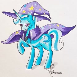 Size: 1021x1021 | Tagged: safe, artist:galaxy.in.mind, character:trixie, species:pony, species:unicorn, g4, cape, clothing, hat, male, raised hoof, rule 63, signature, smiling, solo, stallion, traditional art, tristan, wizard hat