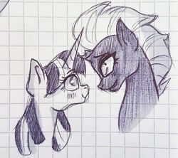 Size: 1040x922 | Tagged: safe, artist:galaxy.in.mind, character:tempest shadow, character:twilight sparkle, character:twilight sparkle (unicorn), species:pony, species:unicorn, ship:tempestlight, g4, blushing, broken horn, female, graph paper, horn, lesbian, looking at each other, mare, shipping, smiling, traditional art