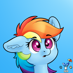 Size: 2000x2000 | Tagged: safe, artist:yelowcrom, character:rainbow dash, species:pegasus, species:pony, g4, blue background, bust, cute, dashabetes, ear fluff, female, mare, portrait, simple background, solo