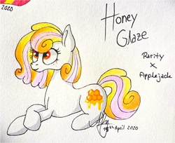 Size: 1080x882 | Tagged: safe, artist:galaxy.in.mind, oc, oc only, oc:honey glaze, parent:applejack, parent:rarity, parents:rarijack, species:earth pony, species:pony, g4, earth pony oc, female, lying down, magical lesbian spawn, mare, offspring, prone, signature, solo, traditional art