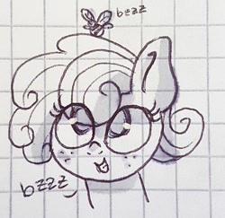 Size: 690x670 | Tagged: safe, artist:galaxy.in.mind, oc, oc only, oc:honey glaze, parent:applejack, parent:rarity, parents:rarijack, species:earth pony, species:pony, g4, bee, bust, earth pony oc, eyelashes, female, freckles, graph paper, grin, insect, lineart, looking up, magical lesbian spawn, mare, offspring, onomatopoeia, smiling, solo, traditional art