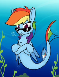 Size: 1000x1297 | Tagged: safe, artist:dacaoo, character:rainbow dash, species:seapony (g4), g4, chest fluff, colored pupils, female, looking at you, seaponified, seapony rainbow dash, solo, species swap, sunglasses, underwater