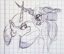 Size: 1080x906 | Tagged: safe, artist:galaxy.in.mind, character:princess celestia, character:queen chrysalis, species:alicorn, species:changeling, species:pony, ship:chryslestia, g4, bedroom eyes, bust, changeling queen, female, graph paper, lesbian, makeup, mare, shipping, traditional art