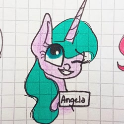 Size: 1080x1080 | Tagged: safe, artist:galaxy.in.mind, oc, oc only, oc:angela, species:pony, species:unicorn, g4, bust, eyelashes, female, graph paper, horn, mare, traditional art, unicorn oc