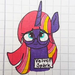 Size: 1080x1080 | Tagged: safe, artist:galaxy.in.mind, oc, oc only, oc:velvet spark, parent:tempest shadow, parent:twilight sparkle, parents:tempestlight, species:pony, species:unicorn, g4, bust, eyelashes, female, glasses, graph paper, horn, magical lesbian spawn, mare, offspring, traditional art, unicorn oc