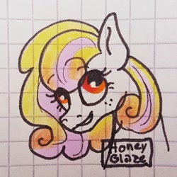 Size: 1080x1080 | Tagged: safe, artist:galaxy.in.mind, oc, oc only, oc:honey glaze, parent:applejack, parent:rarity, parents:rarijack, species:earth pony, species:pony, g4, bust, earth pony oc, eyelashes, female, freckles, graph paper, grin, magical lesbian spawn, mare, offspring, smiling, traditional art