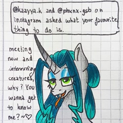 Size: 1080x1080 | Tagged: safe, artist:galaxy.in.mind, oc, oc only, oc:crystal dawn, parent:princess celestia, parent:queen chrysalis, parents:chryslestia, species:changepony, species:pony, species:unicorn, g4, ask, bedroom eyes, bust, female, forked tongue, graph paper, horn, magical lesbian spawn, makeup, mare, offspring, solo, tongue out, traditional art, unicorn oc