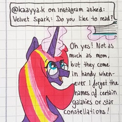 Size: 1080x1080 | Tagged: safe, artist:galaxy.in.mind, oc, oc only, oc:velvet spark, parent:tempest shadow, parent:twilight sparkle, parents:tempestlight, species:pony, g4, ask, book, bust, female, glasses, glowing horn, graph paper, horn, magic, magical lesbian spawn, mare, offspring, solo, telekinesis, traditional art