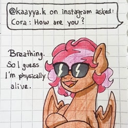 Size: 1080x1080 | Tagged: safe, artist:galaxy.in.mind, oc, oc only, oc:cora, species:pegasus, species:pony, g4, :d, ask, bust, crossed arms, female, graph paper, mare, open mouth, pegasus oc, smiling, solo, sunglasses, traditional art, wings