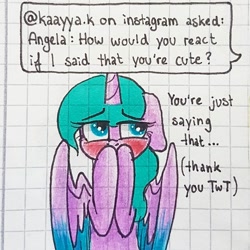 Size: 1080x1080 | Tagged: safe, artist:galaxy.in.mind, oc, oc only, oc:angela, species:alicorn, species:pony, g4, alicorn oc, ask, blushing, bust, female, graph paper, horn, mare, solo, traditional art, two toned wings, wings