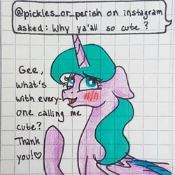 Size: 1080x1080 | Tagged: safe, artist:galaxy.in.mind, oc, oc only, oc:angela, species:alicorn, species:pony, g4, alicorn oc, ask, blushing, bust, female, graph paper, horn, mare, raised hoof, solo, traditional art, two toned wings, wings