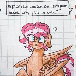 Size: 1080x1080 | Tagged: safe, artist:galaxy.in.mind, oc, oc only, oc:cora, species:pegasus, species:pony, g4, ask, blushing, bust, female, graph paper, mare, pegasus oc, question mark, solo, traditional art, wings