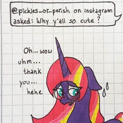 Size: 1080x1080 | Tagged: safe, artist:galaxy.in.mind, oc, oc only, oc:velvet spark, parent:tempest shadow, parent:twilight sparkle, parents:tempestlight, species:pony, species:unicorn, g4, ask, blushing, bust, female, glasses, graph paper, horn, magical lesbian spawn, mare, offspring, solo, traditional art, unicorn oc
