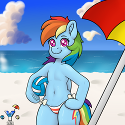 Size: 4000x4000 | Tagged: safe, artist:yelowcrom, character:rainbow dash, species:pegasus, species:pony, g4, beach, beach ball, beach umbrella, clothing, cloud, ear fluff, female, looking at you, mare, partial nudity, semi-anthro, sky, swimsuit, topless