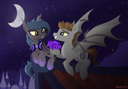 Size: 2000x1401 | Tagged: safe, artist:andaluce, oc, oc only, oc:devin, oc:gotha, species:bat pony, g4, cute, female, flower, flying, looking at each other, male, moon, night, oc x oc, rooftop, scenery, shipping, smiling, spread wings, straight, wings
