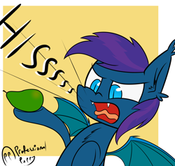 Size: 4000x3800 | Tagged: safe, artist:professionalpuppy, oc, oc only, oc:stardust(cosmiceclipse), species:bat pony, g4, angry, food, hissing, mango, solo