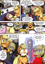 Size: 1204x1700 | Tagged: safe, artist:tarkron, character:applejack, character:fluttershy, oc, oc:fund guard, species:earth pony, species:pegasus, species:pony, species:unicorn, comic:what happens in las pegasus, g4, comic, female, imminent spanking, insurance fraud, levitation, liarjack, magic, mare, old, paddle, playing dead, scared, telekinesis, this will not end well