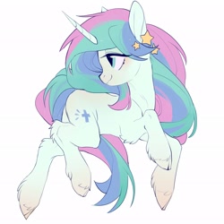 Size: 2048x2048 | Tagged: safe, artist:amo, oc, oc only, species:pony, species:unicorn, g4, cloven hooves, curved horn, horn, looking back, raised hoof, simple background, solo, unshorn fetlocks, white background