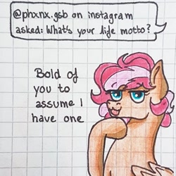 Size: 1080x1080 | Tagged: safe, artist:galaxy.in.mind, oc, oc only, oc:cora, species:pegasus, species:pony, g4, ask, bust, female, graph paper, mare, open mouth, pegasus oc, smiling, solo, thinking, traditional art, wings