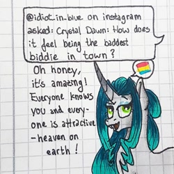Size: 1080x1080 | Tagged: safe, artist:galaxy.in.mind, oc, oc only, oc:crystal dawn, parent:princess celestia, parent:queen chrysalis, parents:chryslestia, species:changepony, species:pony, species:unicorn, g4, ask, bust, female, graph paper, horn, hybrid, magical lesbian spawn, makeup, mare, offspring, open mouth, pansexual, pansexual pride flag, pictogram, pride, pride flag, solo, traditional art, unicorn oc