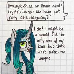 Size: 1080x1080 | Tagged: safe, artist:galaxy.in.mind, oc, oc only, oc:crystal dawn, parent:princess celestia, parent:queen chrysalis, parents:chryslestia, species:changepony, species:pony, g4, ask, bust, curved horn, female, graph paper, horn, magical lesbian spawn, makeup, mare, offspring, open mouth, solo, traditional art