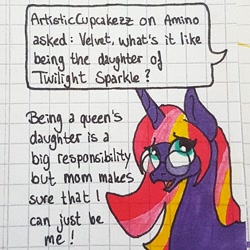 Size: 1080x1080 | Tagged: safe, artist:galaxy.in.mind, oc, oc only, oc:velvet spark, parent:tempest shadow, parent:twilight sparkle, parents:tempestlight, species:pony, species:unicorn, g4, ask, bust, eyes closed, female, glasses, graph paper, horn, magical lesbian spawn, mare, offspring, open mouth, solo, traditional art, unicorn oc